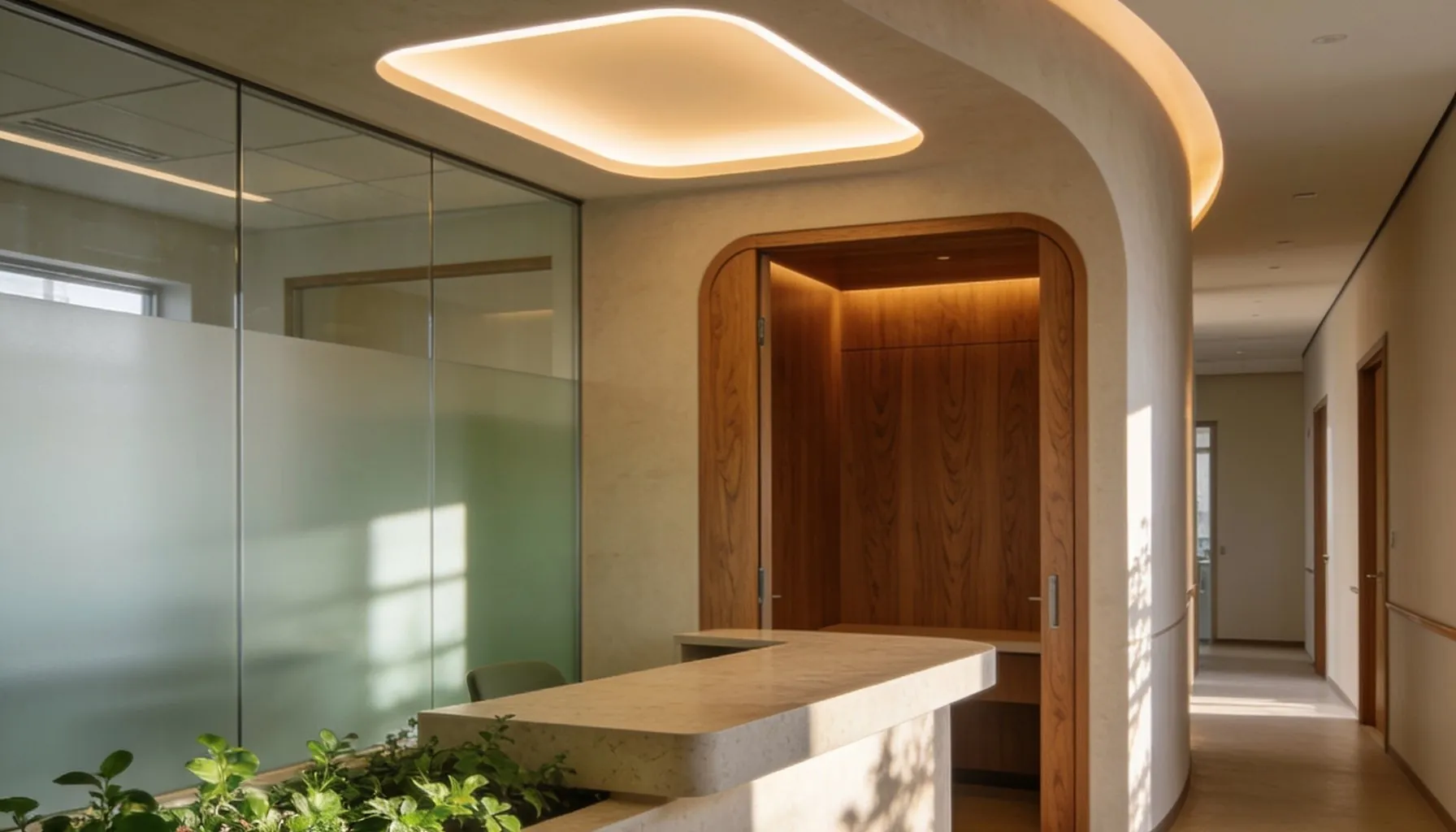 A calm, premium private clinic reception in soft morning light